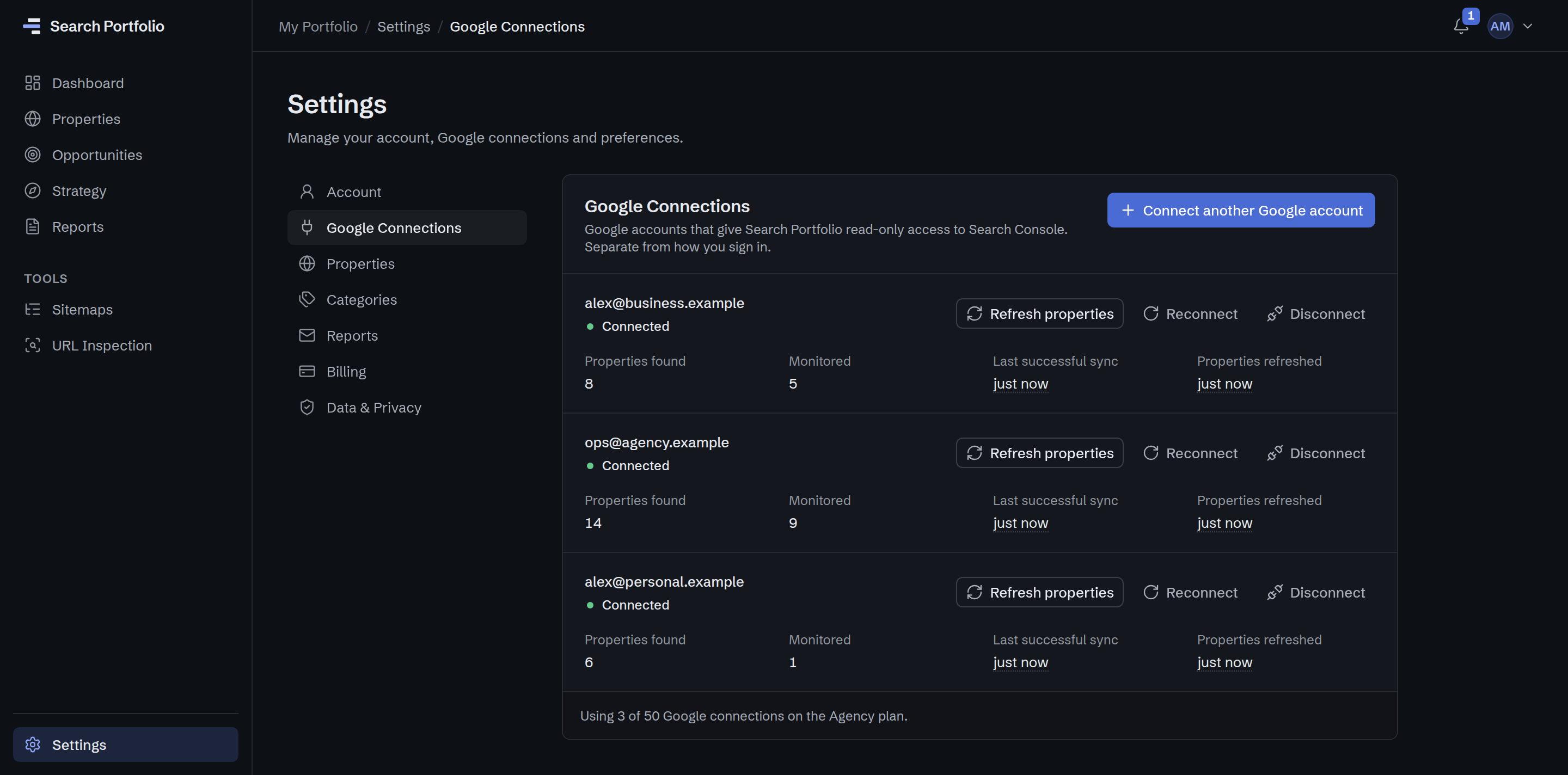 Settings → Google Connections: 3 Google accounts connected with read-only access to Search Console (alex@business.example: 8 properties found; ops@agency.example: 14 properties found; alex@personal.example: 6 properties found), each with how many of its properties are monitored and when it last synced.