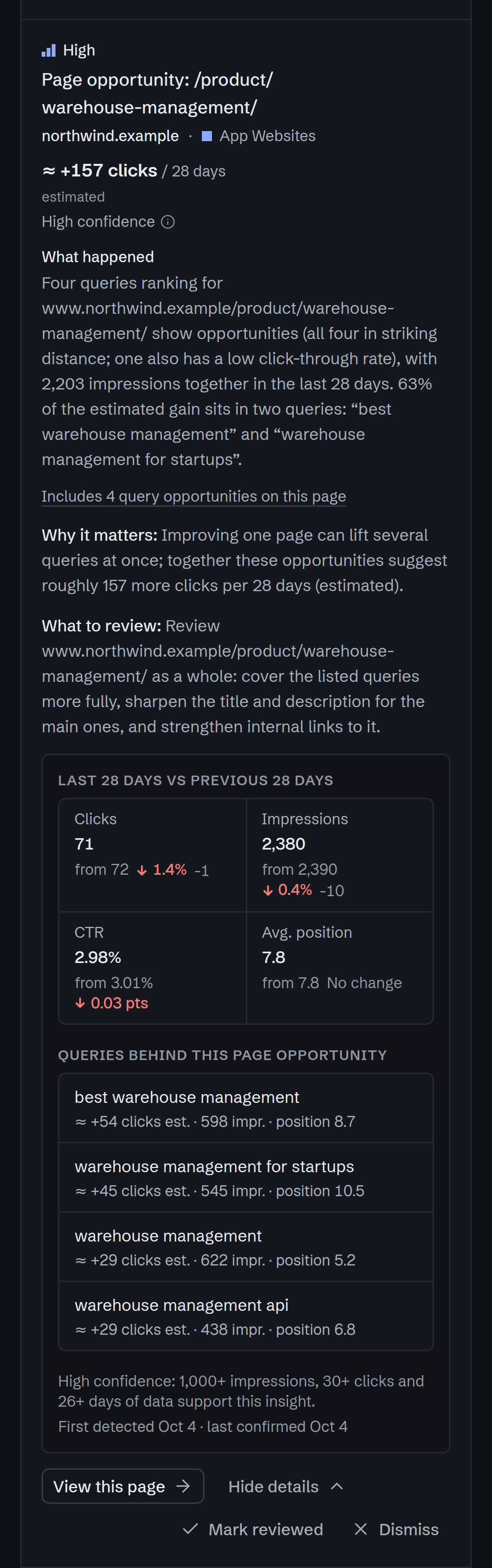 A page opportunity on a phone, “Page opportunity: /product/warehouse-management/” on northwind.example: about 157 more clicks per 28 days (estimated), high confidence, then what happened, why it matters and what to review.